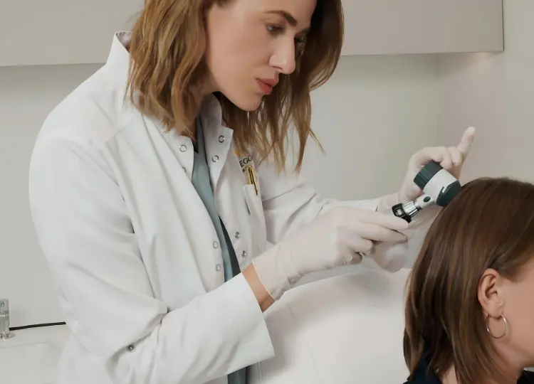 Dermatologė atlieka PRP procedūrą plaukams – trombocitais praturtinta plazma injekuojama į pacientės galvos odą